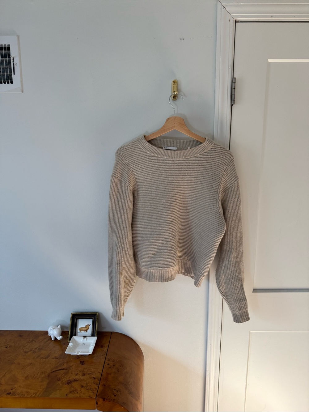 Baldwin wool/cashmere luxury rib knit oatmeal sweater slightly cropped org $480